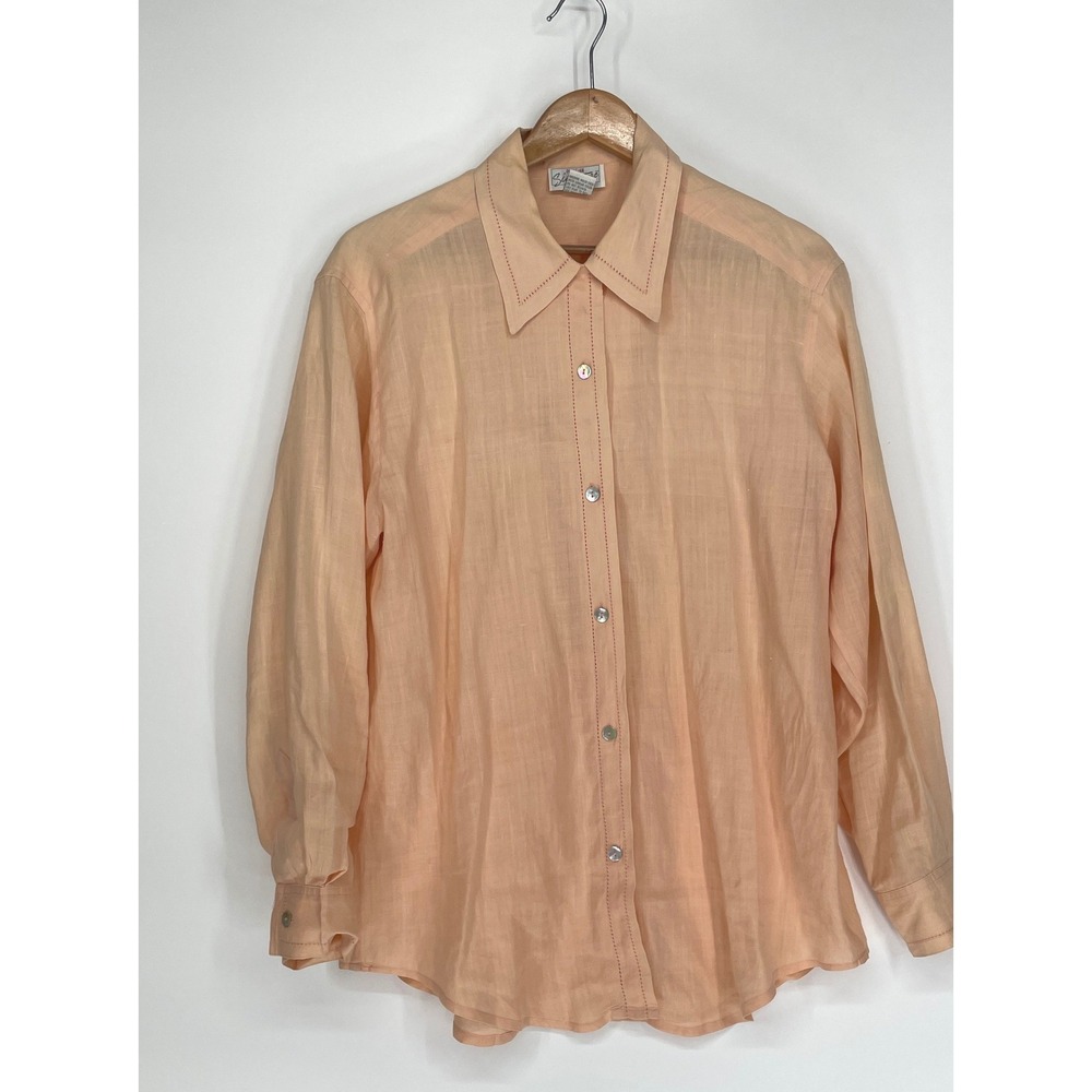Parisian Signature 100% Linen‎ Women Shirt L Button Up Peach Long Sleeve